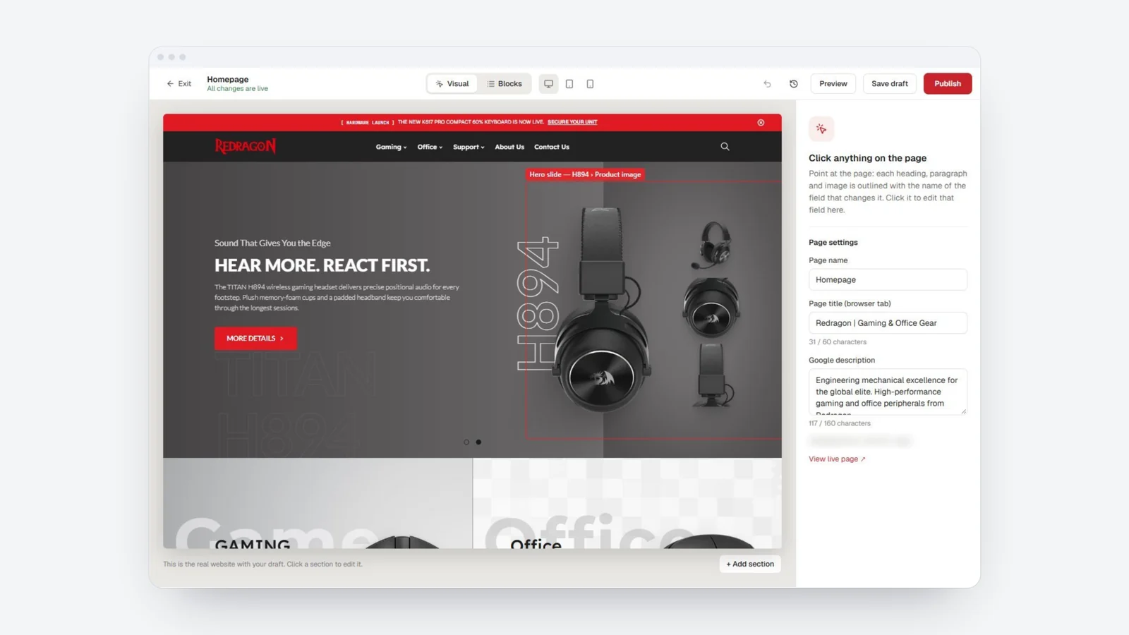 Redragon website and CMS: Brand website and visual CMS
